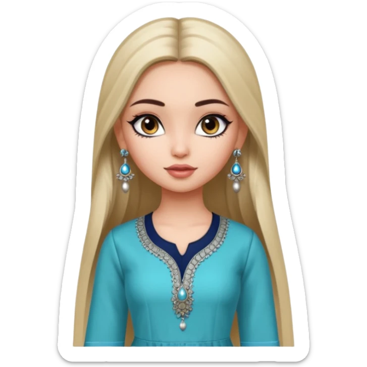 generate a pretty bratz girl wearing a kurti, eyeliner on, long straight hair, silver jhumkas in ear sticker