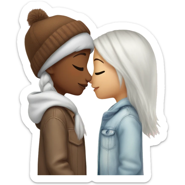 One girl with white hair and one girl with brown hair and a beanie, kissing sticker