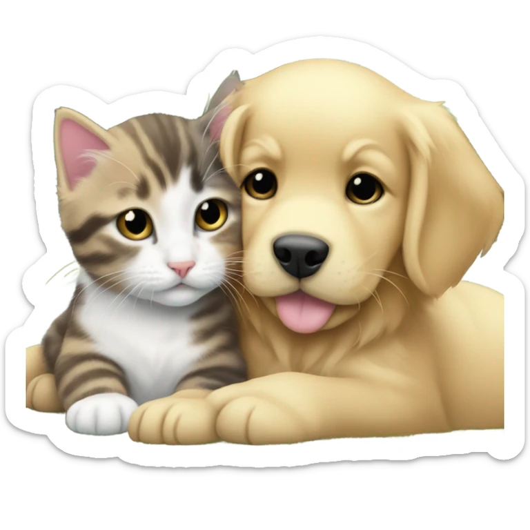 Tuxedo cat kitten and golden retriever puppy being friends sticker