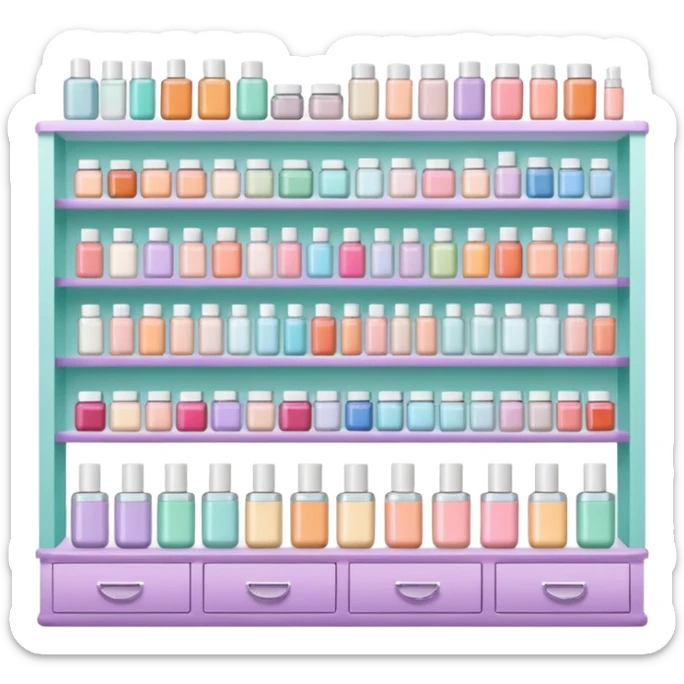 big beauty salon showcase with well-organized brand-labeled beauty products on a white shelves, pastel colors sticker