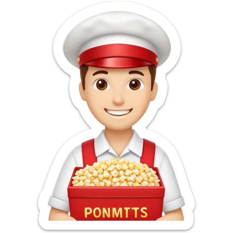 trabajador de cine vendiendo crispetas, sonriente, con uniforme rojo y caja de palomitas sticker