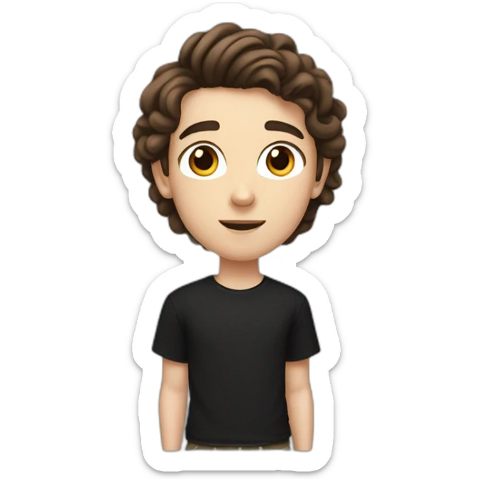 a white teenager boy with big brown eyes and middle parted long coiled brown hair, wearing a black t-shirt with white airpods sticker