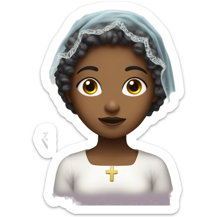 Girl with curly hair and veil over her hair and a big cross  sticker