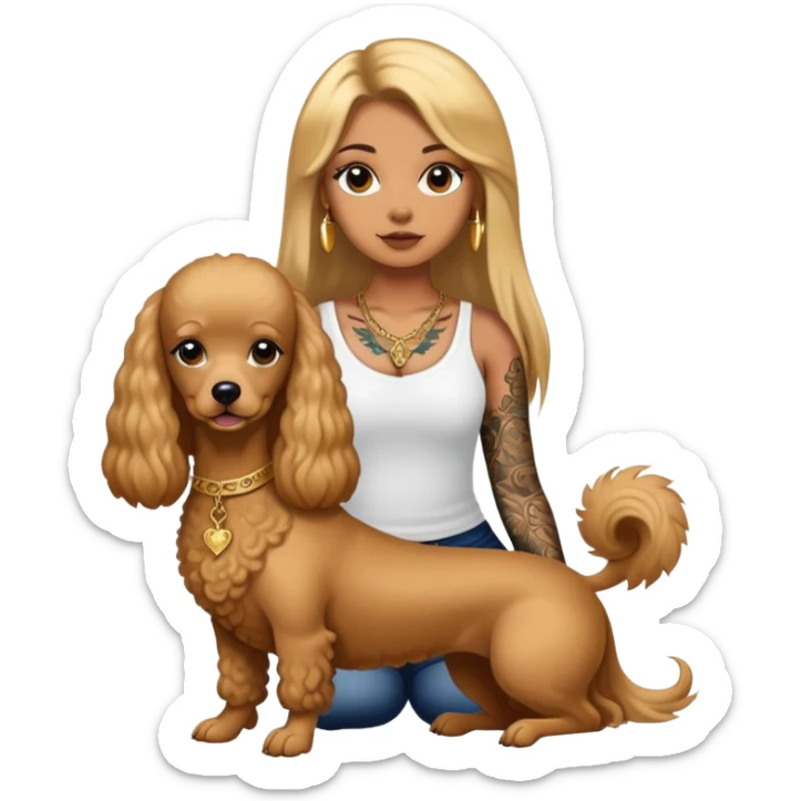 a  girl with glod  straight long hair and tattoos and (two) miniature poodles sticker