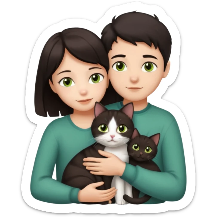 Crea un emoji donde salga un chico de pelo moreno con los ojos claros, una chica de pelo morena con los ojos marrones y UN gato europeo comun de pelaje oscuro y ojos verde claro, quiero que se esten abrazando el chico y la chica, y el gato este en el medio sticker