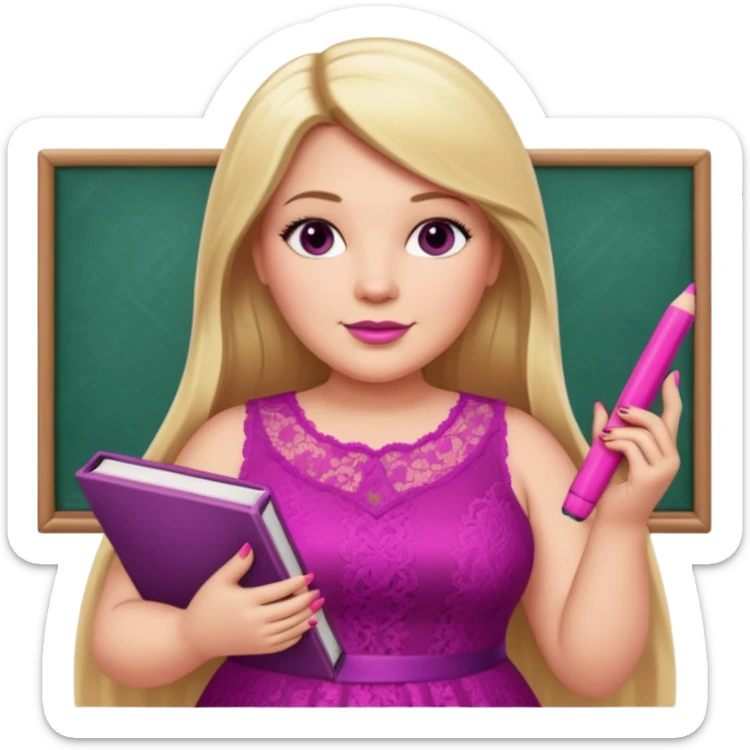 A plus-size white woman with long, straight blonde hair is wearing a magenta lace sleeveless dress. She is standing with magenta nail polish and holding a book and a crayon.. sticker