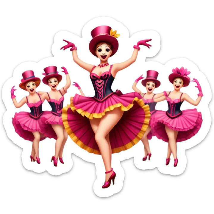 Cinematic Realistic Can-can Dance Emoji, depicted as a lively cabaret dance scene with flouncy costumes and dynamic energetic movement, rendered with vibrant textures and playful theatrical lighting that captures the spirit of French cabaret. sticker
