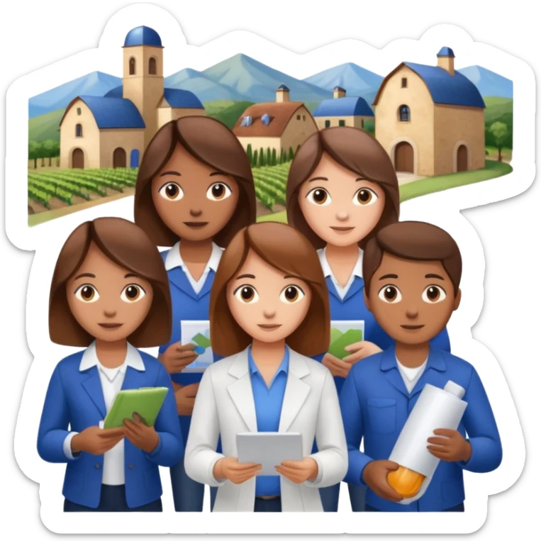 Make a photo of 5 project managers, specifically 3 girls with brown hair and 2 boys, that are making project for improvement of the winery sticker