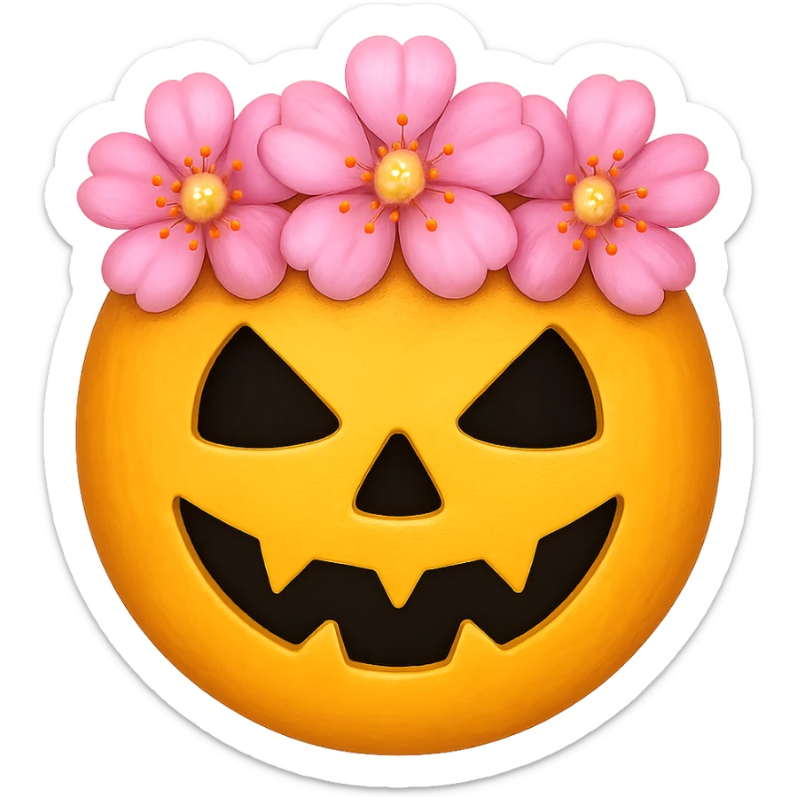 halloween yellow face with pink flower crown emoji, digital illustration, remove background sticker