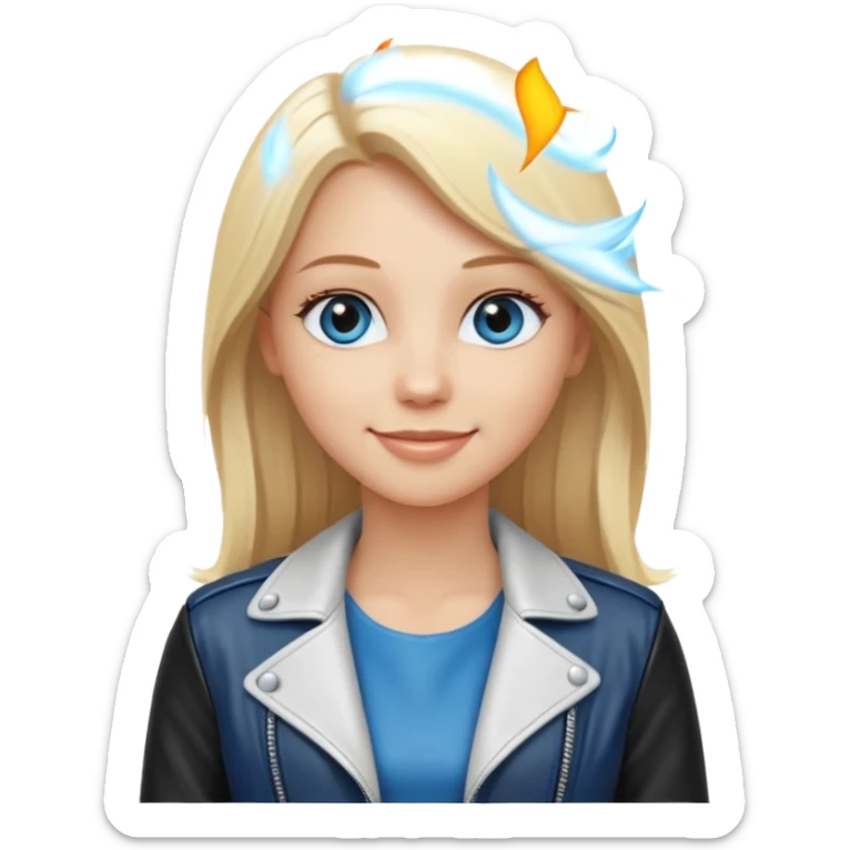 A white girl with long straight blonde hair, blue eyes and a white dress with a smiling black jacket sticker