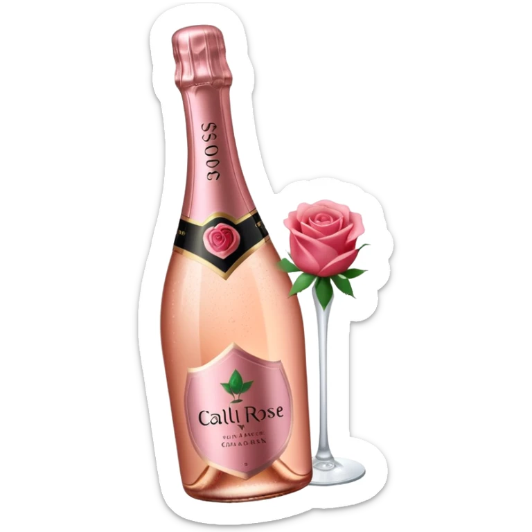 bottle of sparkling rose champagne tilted up and to the right, with a rose logo, no glass sticker