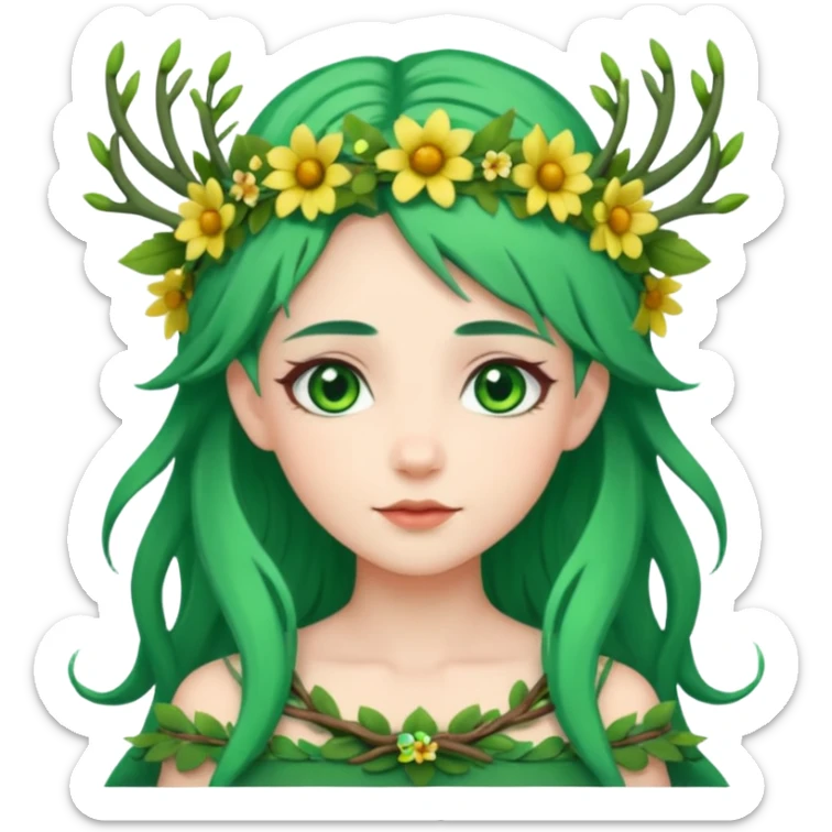 A forest princess with green hair, green eyes, wearing a wreath of flowers and branches sticker