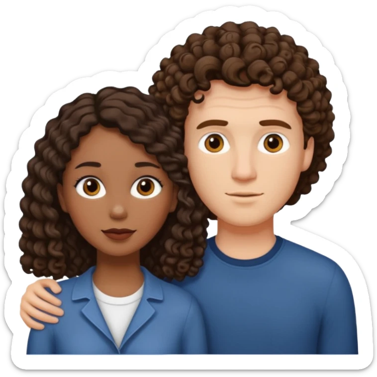 Interracial couple, taller white male with short straight medium brown hair, shorter mixed toned woman with long curly dark brown hair  sticker