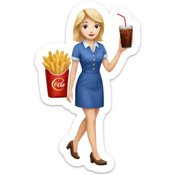a young woman full length with cola in one hand and french fries in the other hand and a painting under her arm walking left sticker