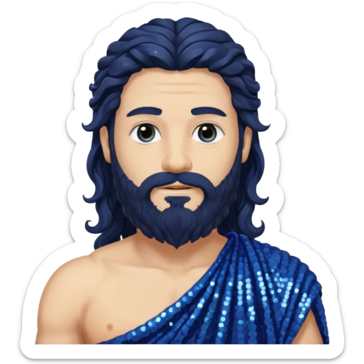 Auster, God of Summer Roman Deities with long black wavy hair and beard, indigo sequin toga sticker