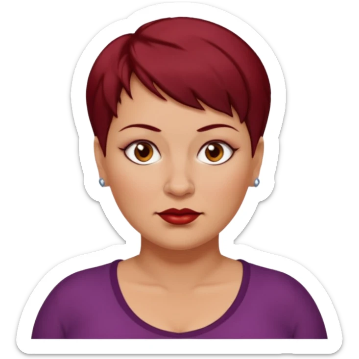 femme 40 ans, cheveux très court rouge foncé piercing sur le nez yeux marrons, surpoids sticker