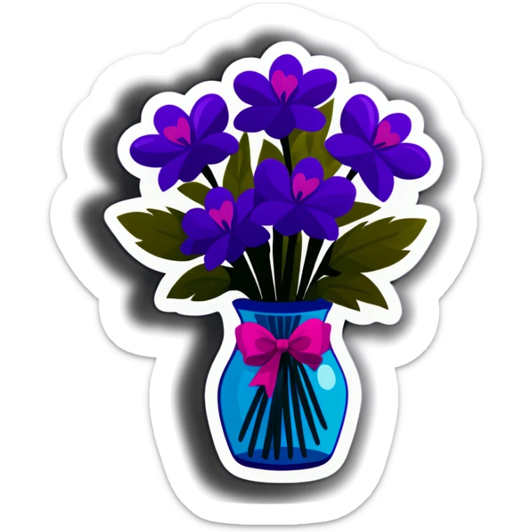 bouquet of purple flowers tied with ribbon in a vase sticker