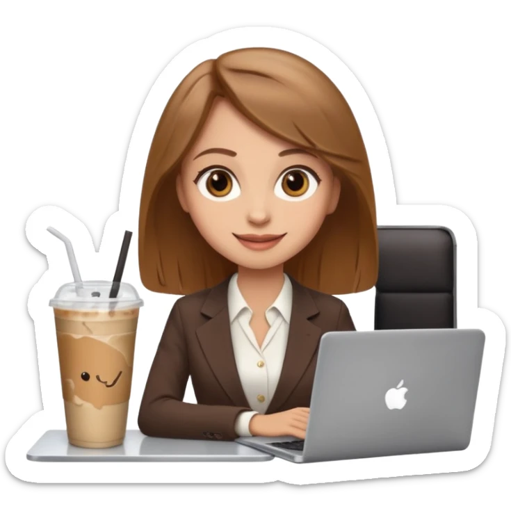 Women in front of laptop with a happy face, light brown hair, light brown big eyes, light skin with a iced coffee on the side, business attire sticker