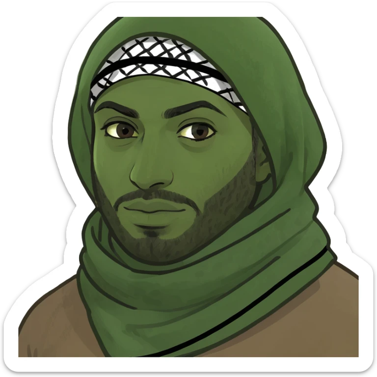 memoji cartoon of a brown man, eyes visible, face wrapped in a Palestinian keffiyeh scarf sticker
