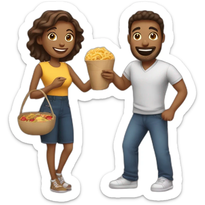 man and woman friends with camera in one hand and food in other hand, happy smiling sticker