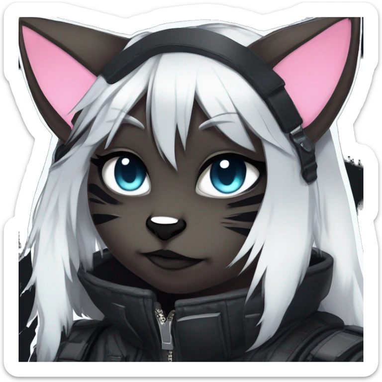 Gorgeous furry dark cyberpunk techwear anime style anthro black cat fursona with blushing face aesthetic and pretty edgy black with collar and harness trending style sticker