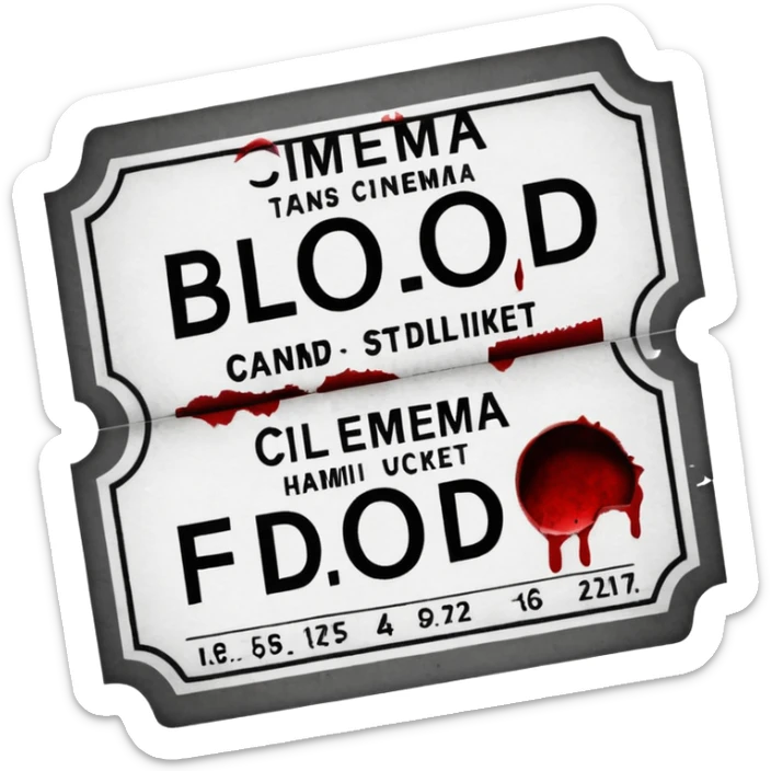 Minimalist emoji-style sticker of an old torn cinema ticket, blood-stained edges and burn holes, grayscale paper

 sticker