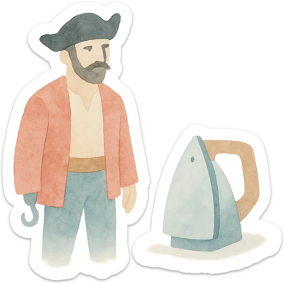 A pirate and an iron, watercolor painting style, soft edges, blended colors, artistic and whimsical. sticker