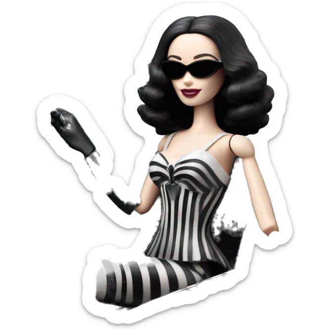Darth Vader Barbie, 1910 teen Morticia Addams from academy, in dark-gray and black striped outfit. Smiling Driving Mercedes convertible sports car. Pale-white porcelain skin.  sticker