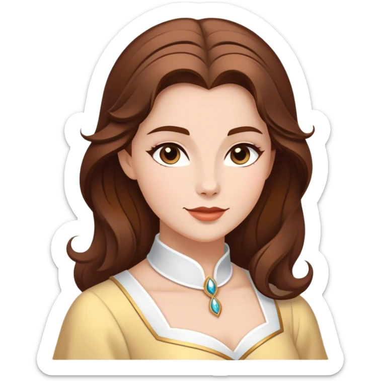 Cinematic Majestic Belle Portrait Emoji, rendered in a clean, vector-style with bold, simplified shapes. Show Belle with a serene, noble expression, fair skin and gracefully styled brown hair, her classic attire refined and understated. The design radiates a majestic, enchanting glow with high shine and a soft glowing outline, embodying royal elegance. sticker