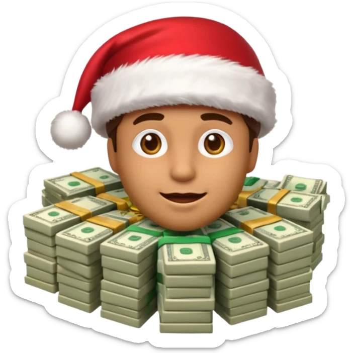 A confident rich emoji face wearing a Santa hat, money stacks, casino vibe, New Year theme, premium 3D emoji style, sharp details, no text, isolated on transparent background sticker