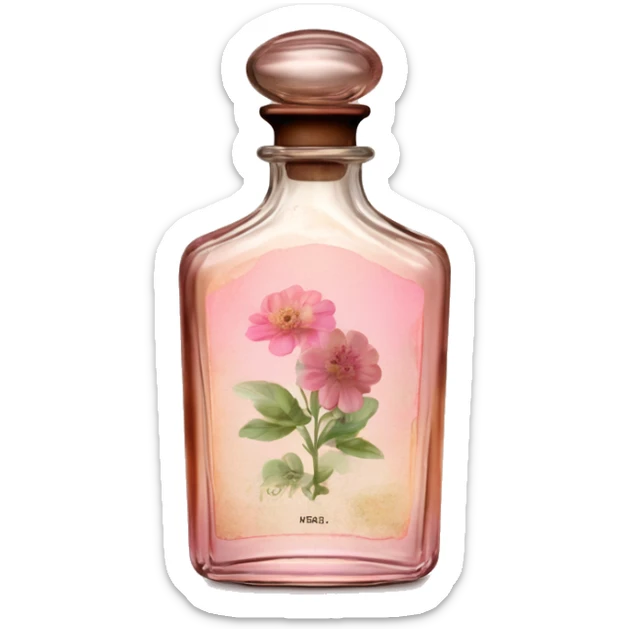 English vintage glass perfume bottle from my aristocratic grandmother, exquisite bottle shape, old and shabby, with label, stylish and minimalistic, brown with pink gradient, with little herbal and flowers  sticker