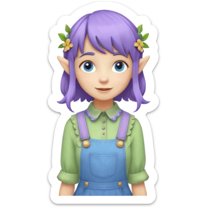 Kind happy whimsical quirky Girl toymaker, wood carving elf. Woodland nature creator. Blue eyes. Short bob, brown wavy hair with bangs. Whimsical playful cute. Overalls with nature embroidered cute shirt collar. Light green, light purple and light blue colour aesthetic  sticker