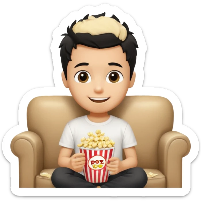 generate a pretty tan bratz boy with black messy hair eating popcorn and watching tv, wearing white tshirt sticker