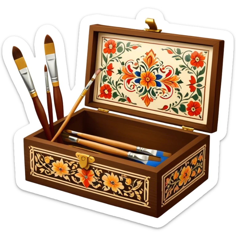 Wooden box painting icon, traditional Palekh or Khokhloma patterns being painted on a wooden box, paintbrush and fine details visible, the box in the process of decoration, visible tools like brushes and paints, minimalistic style, clean lines, transparent background. sticker