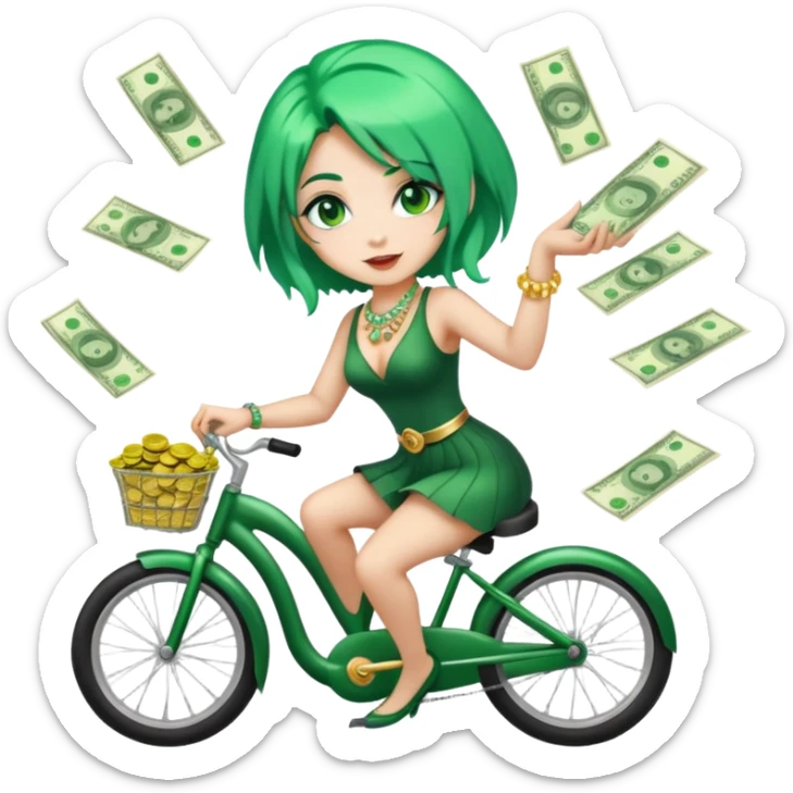 One girl dressed in money, with green hair, and fancy jewelry throwing money, in a cycle where shes working or shes spending sticker