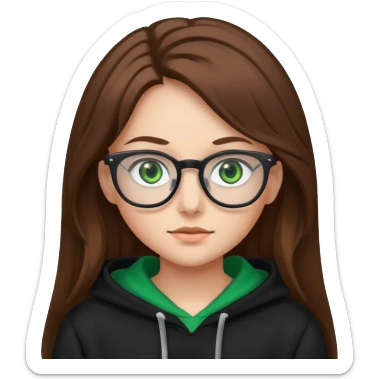 Girl with long brown hair, green eyes, glasses and a black hoodie on sticker