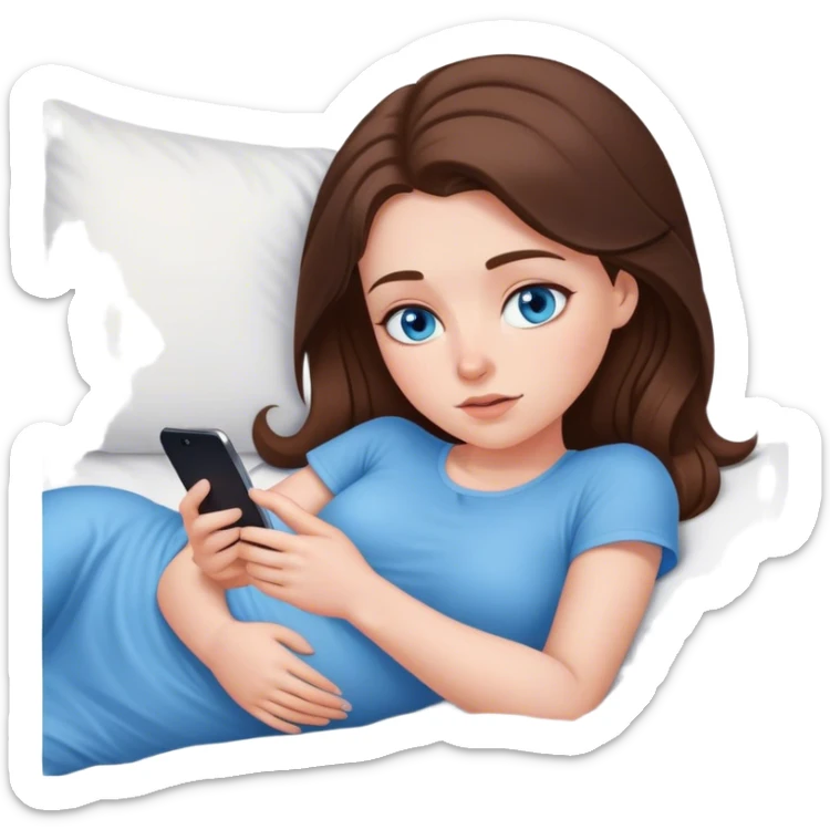 White girl brunett blue eyes, laying In bed using on stomach In her phone sticker