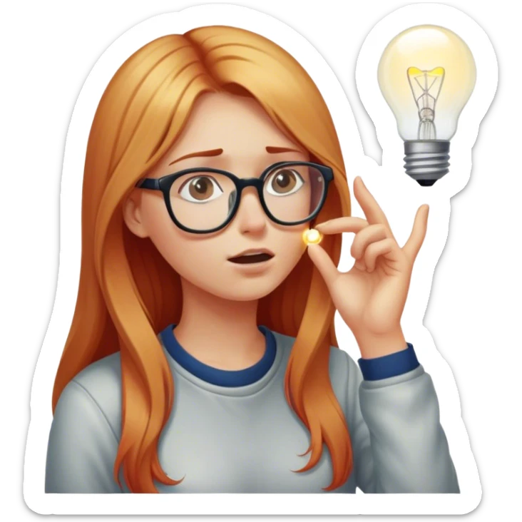 intelligent and clever, 30 year old, girl, long red and almost blond hair, glasses, has an brillant idea, rubs his nose, light bulb over the head, casual cloth  sticker