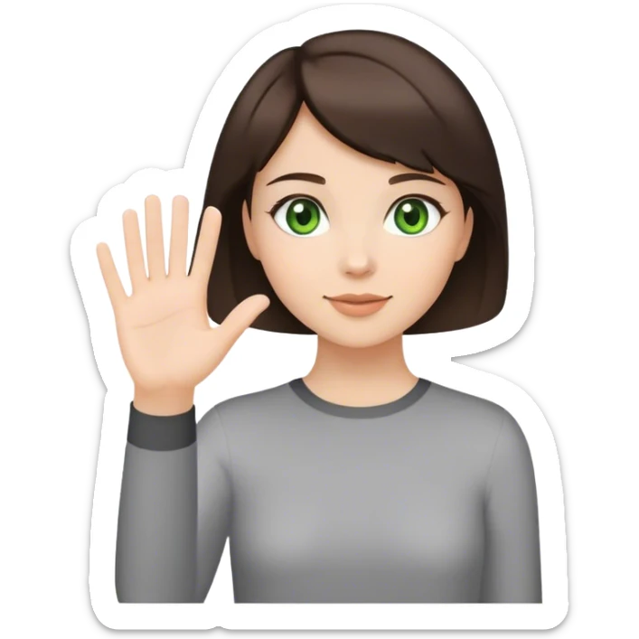 brunette girl with short hair and green eyes waving greeting with one hand sticker