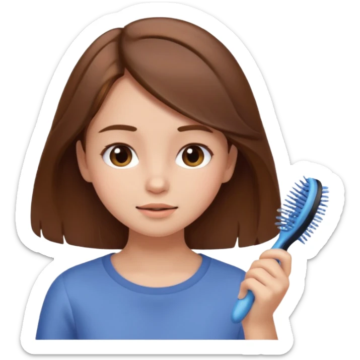 cute girl brushing her brown hair, simple and expressive face, soft colors, iPhone emoji style sticker