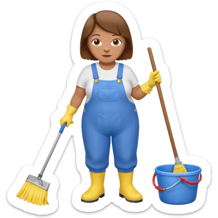 old and fat women, brown hair, Custodian with yellow rubber gloves, white T-shirt, blue overalls, mopping floor sticker