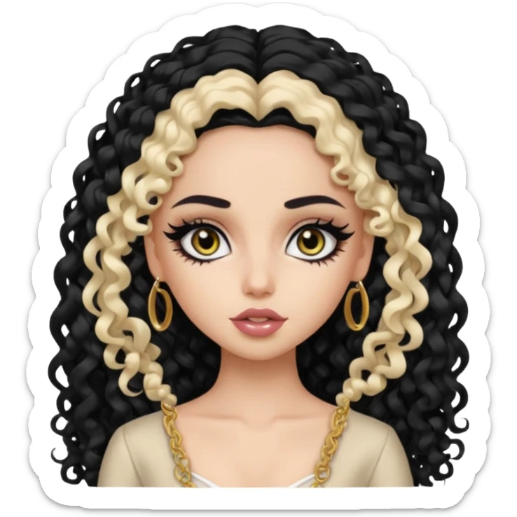 Pale Saudi beauty, pretty bratz baddie, black eyeliner, curly long hair sticker