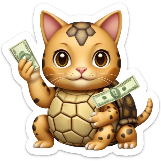 Create an emoji of a tortoise cat with money in her hand sticker