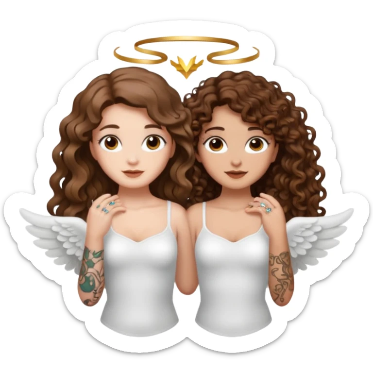 fake angel pose — long wavy brown hair tattooed woman and short tight curly brown hair woman — halo sparkle sticker