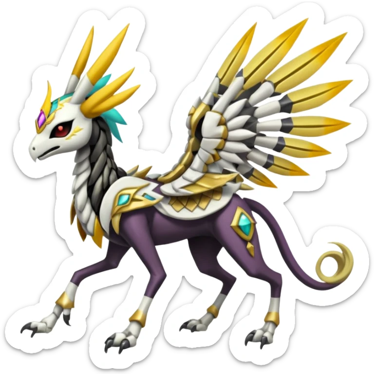 Colorful Skeletal masked armored Meloetta-Silvally-Solgaleo-Raikou-Pokémon-Digimon-Fakémon-fusion-hybrid-creature, full body sticker