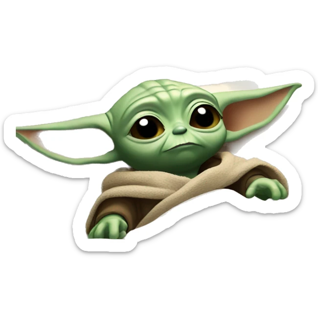 baby yoda is lying in bed with his eyes closed. Around him are flying letters ZZZZ sticker