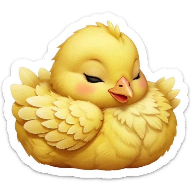 Meme-Worthy Cute Sleeping Yellow Baby Chicken Portrait Emoji, Head resting peacefully with a contented smile, showcasing a delightfully tiny build and a luxuriously soft bright yellow downy coat, eyes shut in a serene, restful nap, Simplified yet hilariously adorable features, highly detailed, glowing with a soft, drowsy light, high shine, relaxed and utterly lovable, stylized with an air of playful laziness, bright and heartwarming, soft glowing outline, capturing the essence of a comically sleepy chick, so meme-worthy it feels like it could instantly become the next viral sensation of adorable slumber! sticker