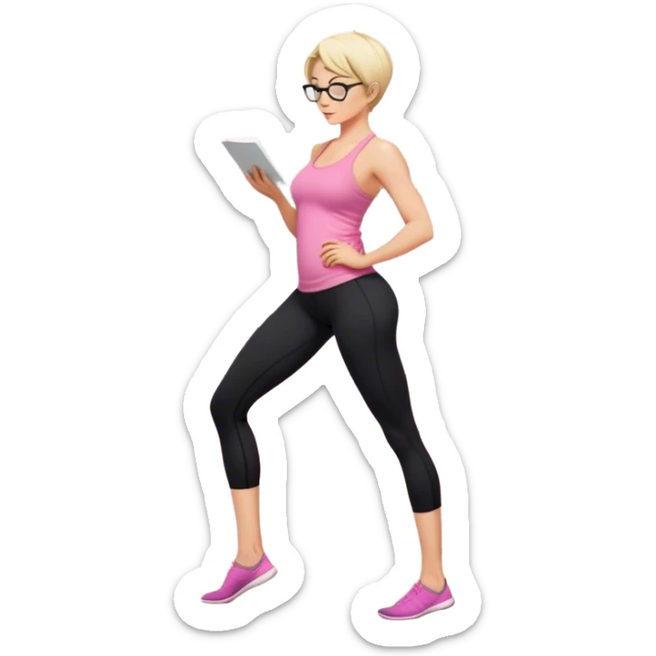Full body view from the side, fair skinned woman, curvy, short blond hair, small reading glasses, cooking dinner in kitchen, pink loose tank top, showing natural B cup breast shape SFW, black yoga pants, large curvy booty sticker