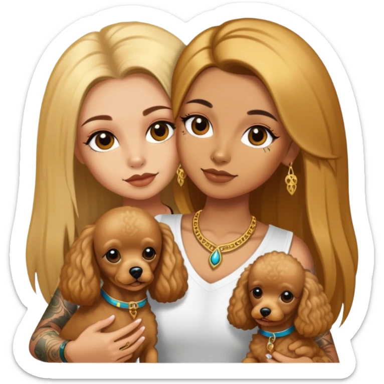 a  girl with glod  straight long hair and tattoos and (two) miniature poodles sticker
