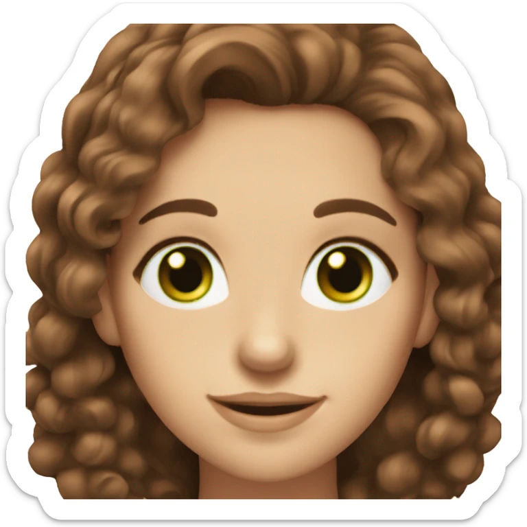 A gorgeous woman with beautiful brown hair and green eyes, fair skin and a smile sticker